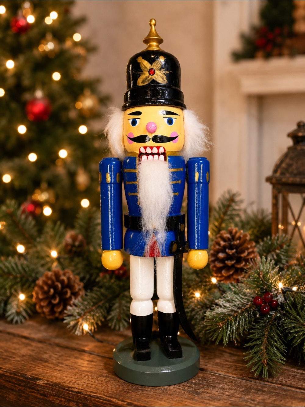 Vintage 14” Wooden Nutcracker Soldier Blue Uniform Hand Painted Christmas Decor
